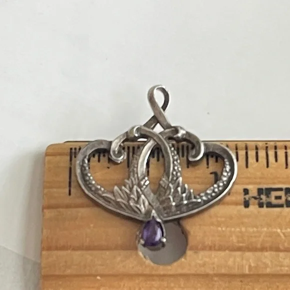 GRADH Franklin Mint Double Heart Necklace Pendant Sterling 925 Amethyst 1983 - Picture 2 of 5